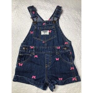 OshKosh Vestback Embroidered Pink Butterflies Blue Jean Overall Shortalls 12m